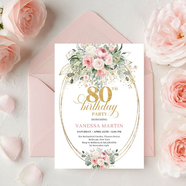Convite de Aniversário de 80 anos Classic Boho Blu (Classic Boho Blush Roses Gold 80th Birthday Invite)