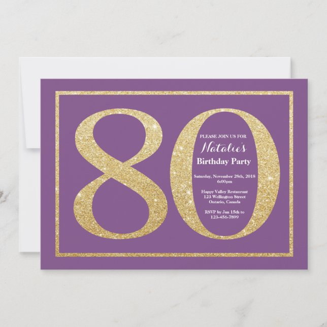Convite de Aniversário de 80 anos com Brilho Roxo  (Frente)