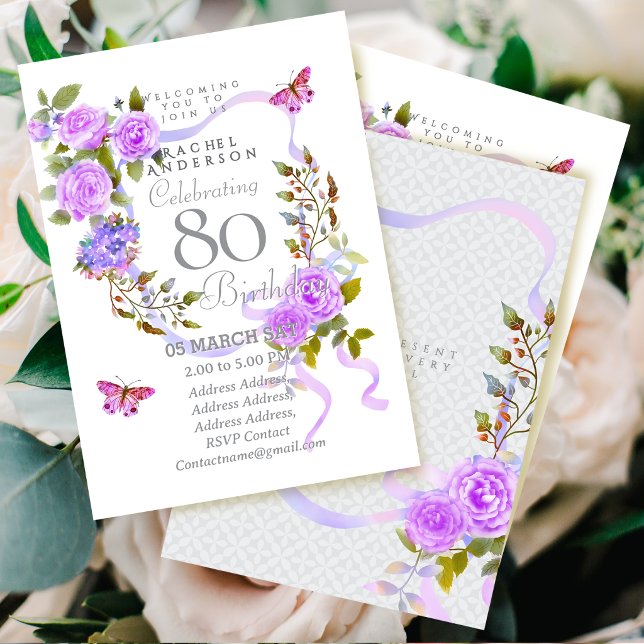 Convite de Aniversário de 80 anos com Faixa de Ros (Purple Rose Ribbon 80th Birthday Invitation Card)