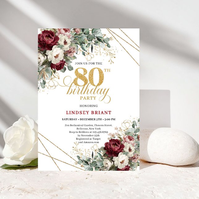 Convite de Aniversário de 80 Anos com Floral Verme (Elegant Deep Red Floral 80th Birthday)