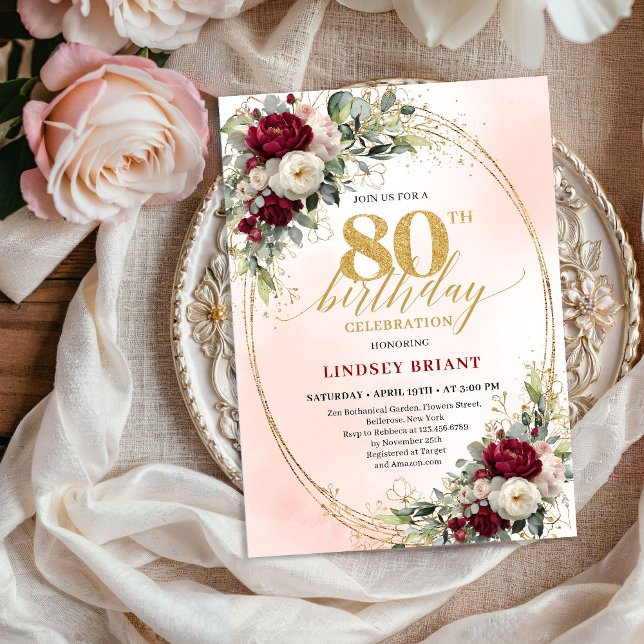 Convite de Aniversário de 80 Anos com Flores Boho  (Modern Burgundy Boho Flowers 80th Birthday Invite)