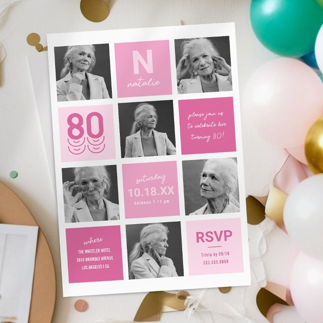 Convite de Aniversário de 80 anos com Foto em Rosa (Criador carregado)