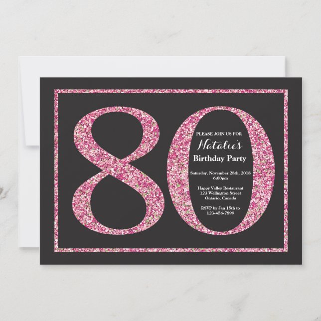 Convite de Aniversário de 80 anos com Glitter Rosa (Frente)