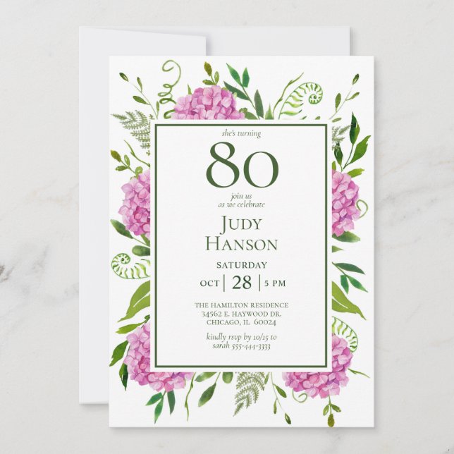 Convite de Aniversário de 80 anos com Hortênsias R (Frente)
