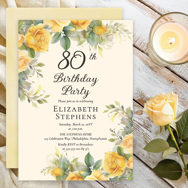 Convite de Aniversário de 80 Anos com Rosa Amarela (Elegant yellow rose 80th birthday invitation with soft greenery and warm cream background)