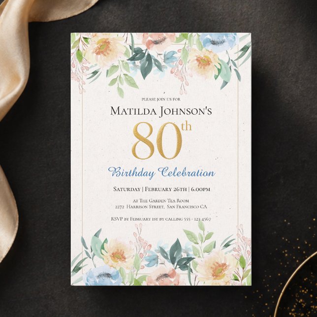 Convite de Aniversário de 80 Anos com Tema Floral  (Elegant Floral 80th Birthday Party Invitation)