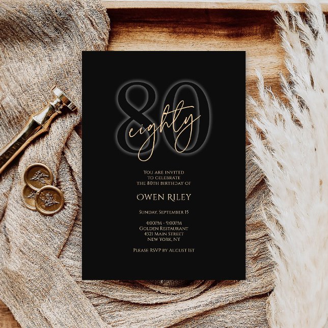 Convite de Aniversário de 80 Anos do Moderno Ouro  (Modern Black Gold 80th Birthday Invitation)