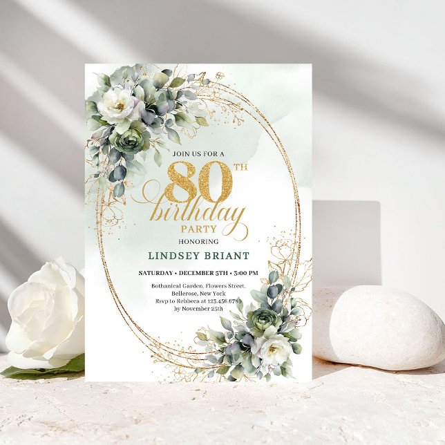 Convite de Aniversário de 80 Anos Dourado Botânico (Romantic Botanical Gold 80th Birthday Invitation)