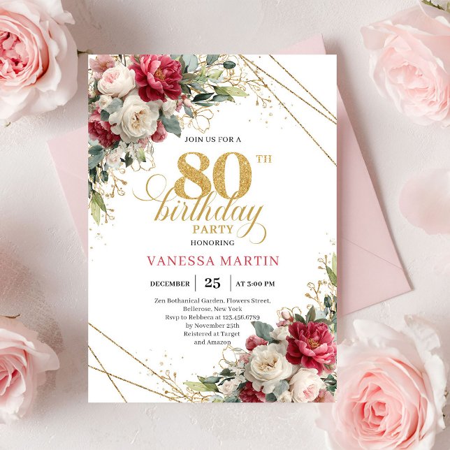 Convite de Aniversário de 80 Anos Elegante com Flo (Elegant Blush Burgundy Floral 80th Birthday Invite)