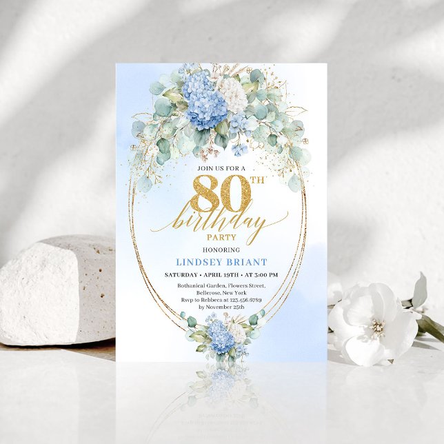 Convite de Aniversário de 80 Anos Elegante com Hor (Elegant Blue Hydrangea Floral 80th Birthday Invite)