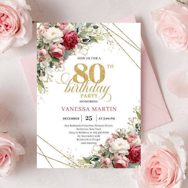 Convite de aniversário de 80 anos elegante com ros (Blush white roses elegant 80th birthday invitation gold

)