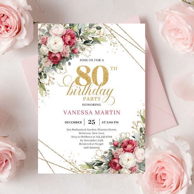 Convite de Aniversário de 80 anos em Vermelho Borg (Vintage Burgundy Red Gold 80th Birthday Invite)