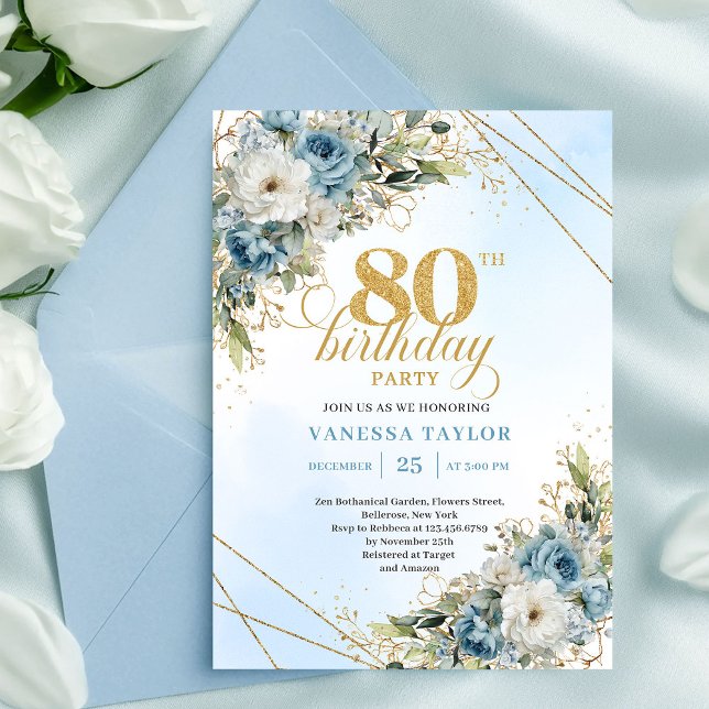 Convite de Aniversário de 80 Anos Encantador com F (Charming 80th Birthday Invite Dusty Blue Flowers Gold)