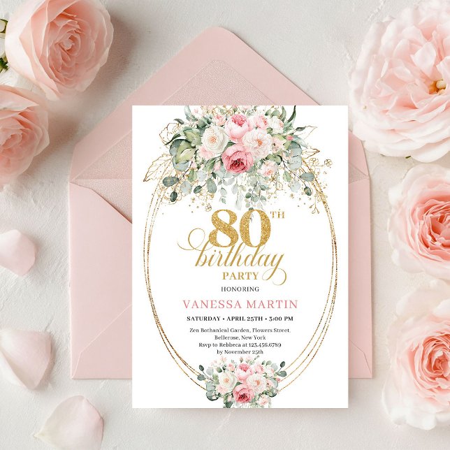 Convite de Aniversário de 80 anos Floral Minimalis (Stylish Minimal Blush Floral 80th Birthday Invitation

)