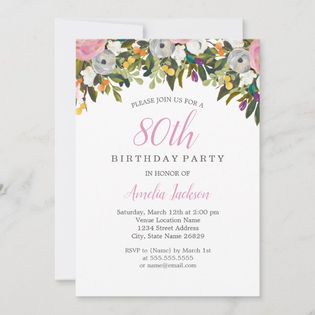 Convite de Aniversário de 80 anos Floral Rosa Mode (Frente)