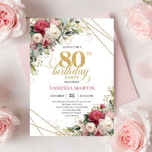 Convite de Aniversário de 80 Anos Floral Vermelho