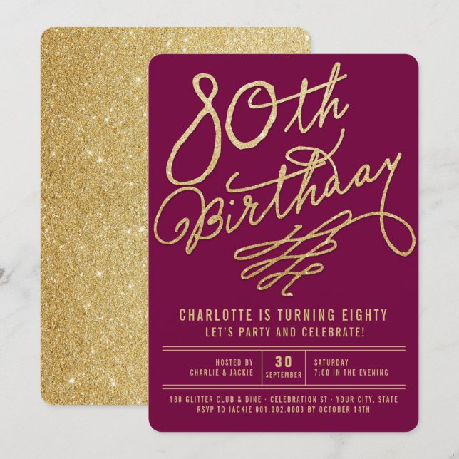 Convite de Aniversário de 80 Anos Glam Glitter Dou (Frente/Verso)