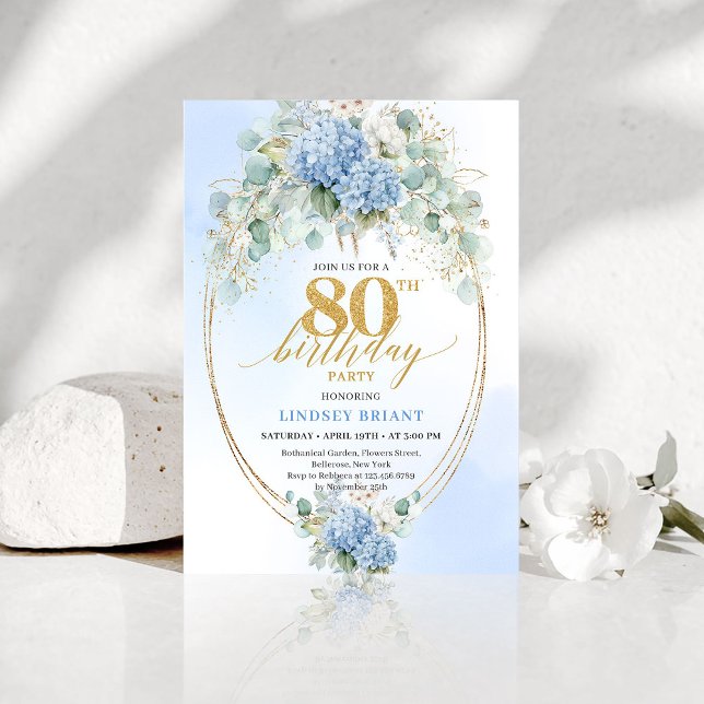 Convite de Aniversário de 80 Anos Jardim Floral Az (Romantic Blue Garden Floral 80th Birthday Invite)