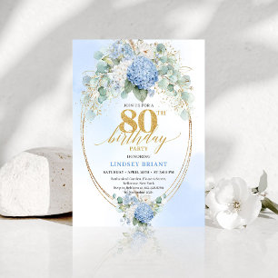 Convite de Aniversário de 80 Anos Luxo Azul Floral