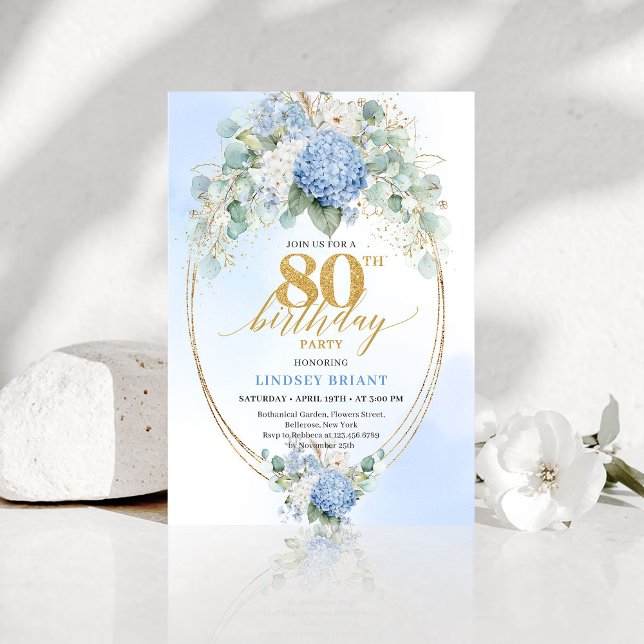 Convite de Aniversário de 80 Anos Luxo Azul Floral (Luxury Blue Floral Eucalyptus 80th Birthday Invite)