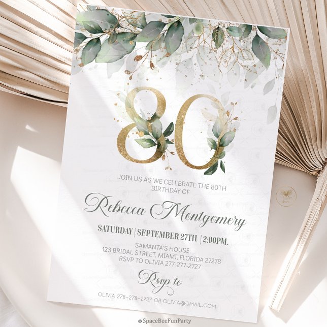 Convite de aniversário de 80 anos marco elegante (80th birthday invitation, editable sage green invitation, elegant floral design,  year old brunch, 8)