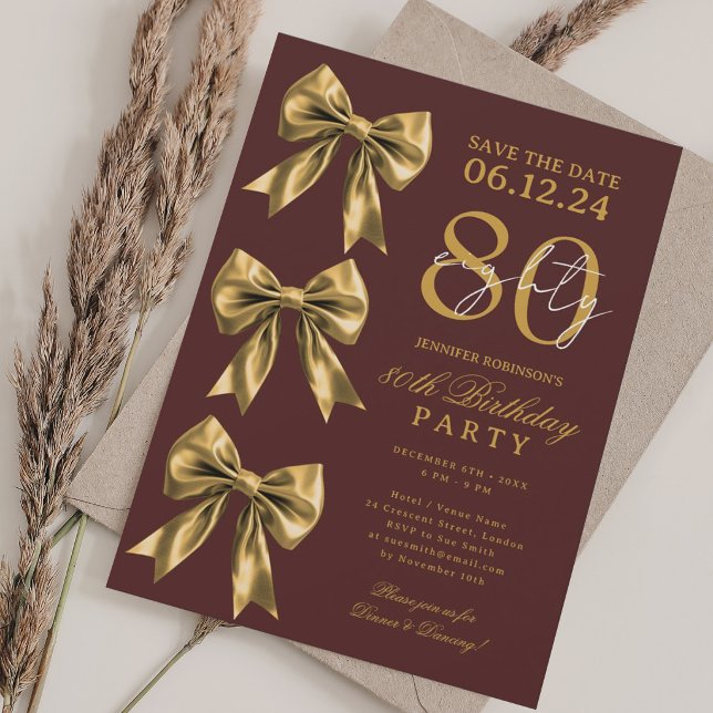 Convite de Aniversário de 80 Anos Marsala Coquette (Gold Coquette Bow Save Date 80th Birthday Marsala Invitation)