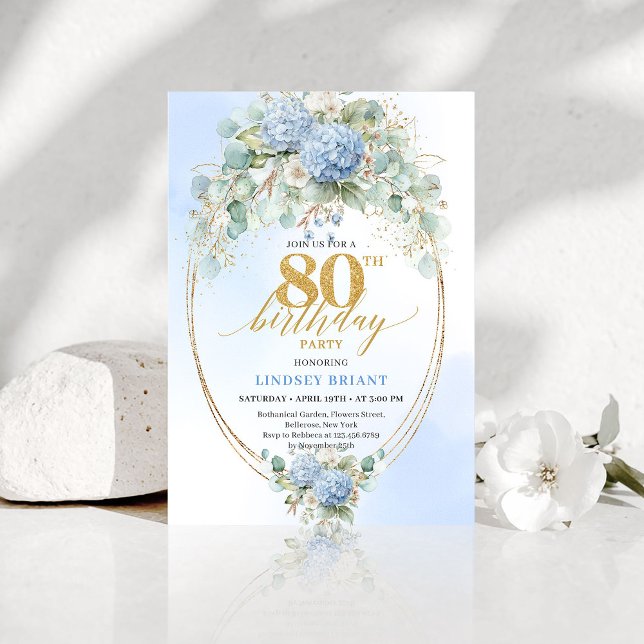 Convite de Aniversário de 80 Anos para Jardim Azul (Romantic Dusty Blue Garden 80th Birthday Invitation)
