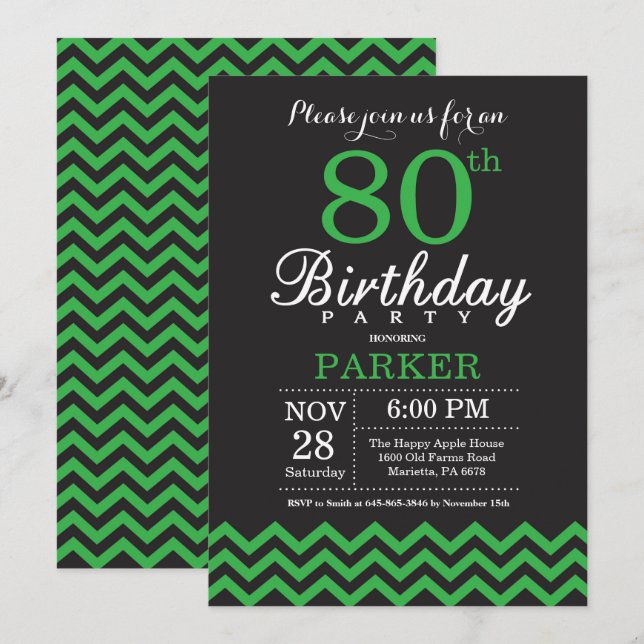 Convite de Aniversário de 80 anos Preto e Chevron  (Frente/Verso)