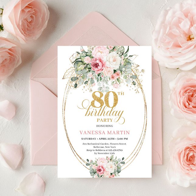Convite de Aniversário de 80 anos Pretty Boho Blus (Pretty Boho Blush Roses 80th Birthday Invitation Art

)