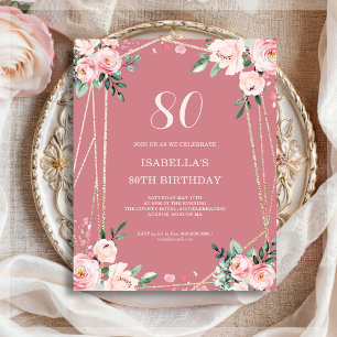 Convite de Aniversário de 80 Anos Rosa Floral Orça