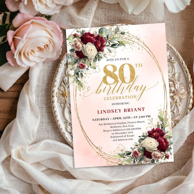 Convite de Aniversário de 80 Anos Rústico Boho Bur (Rustic Boho Burgundy Floral 80th Birthday Invitation)
