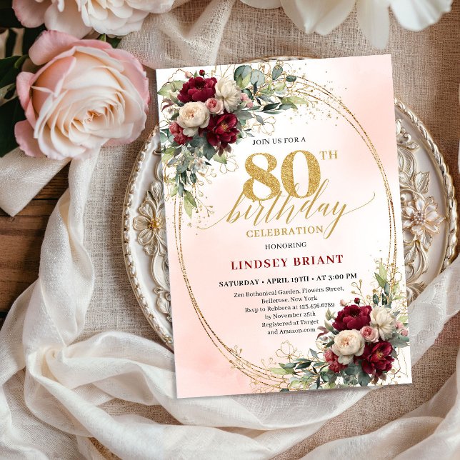 Convite de Aniversário de 80 Anos Soft Blush Boho  (Soft Blush Boho Floral 80th Birthday Party Invitation)