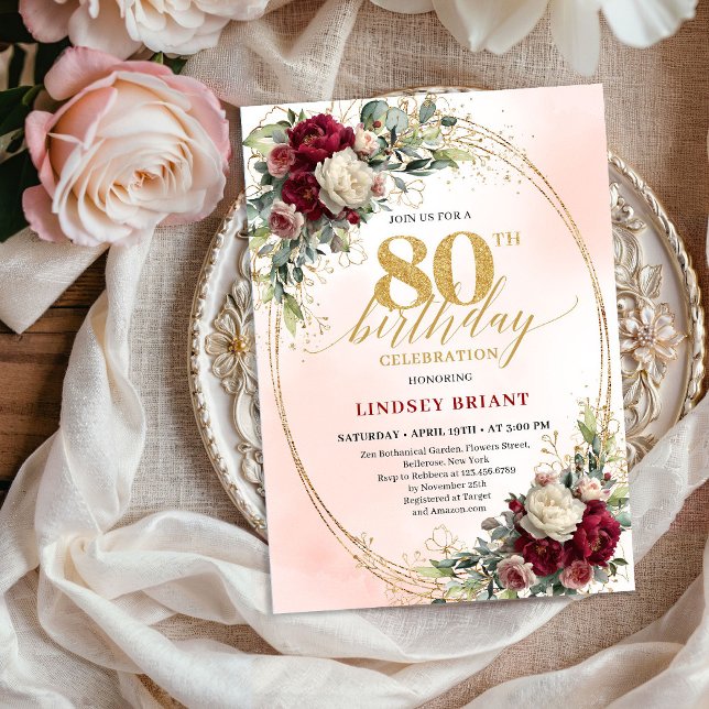 Convite de Aniversário de 80 Anos Soft Blush Boho  (Soft Blush Boho Floral 80th Birthday Party Invitation)