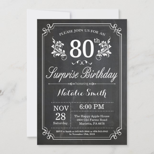 Convite de Aniversário de 80 anos Surpresa Lousa (Frente)