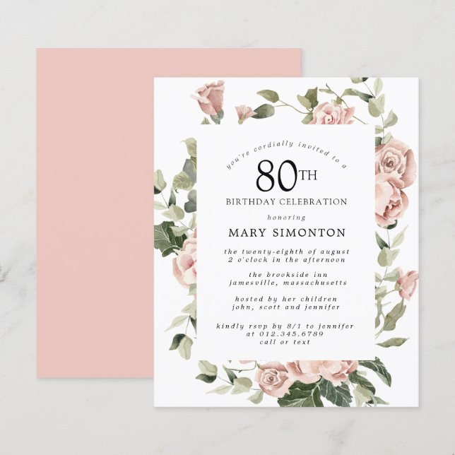 Convite de Aniversário de 80 Anos Tema Rosa Empoei (Frente/Verso)
