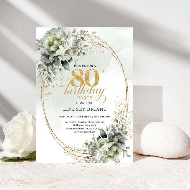 Convite de Aniversário de 80 anos Timeless Botanic (Timeless Botanical Gold 80th Birthday Invitation)