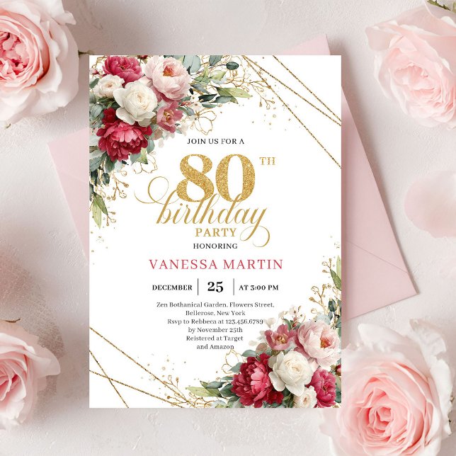 Convite de Aniversário de 80 Anos Timeless Burgund (Timeless Burgundy Red Gold 80th Birthday Invite)