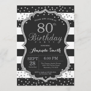 Convite de Aniversário de 80. Brilho preto e prat