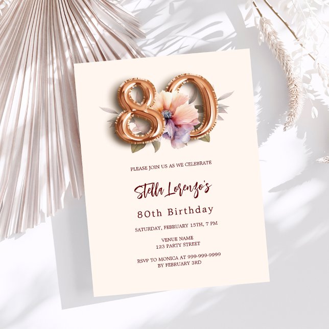 Convite de aniversário de 80 floral de pêssego de  (Criador carregado)