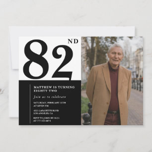 Convite de Aniversário de 82 Anos Preto e Branco c