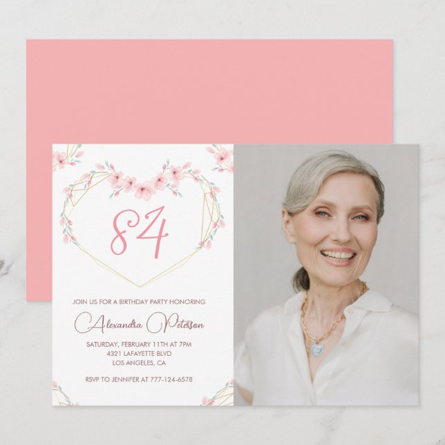 Convite de aniversário de 84 anos com foto floral  (Frente/Verso)