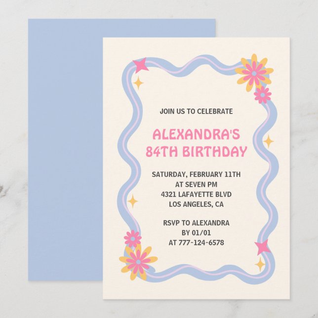convite de aniversário de 84 anos Retro Groovy Azu (Frente/Verso)