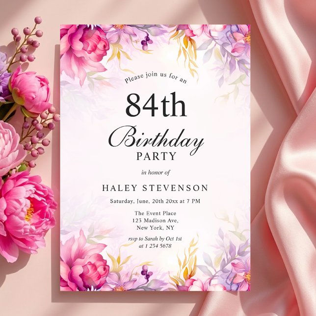 Convite de Aniversário de 84 Anos Rosa Pastel Chic (Criador carregado)