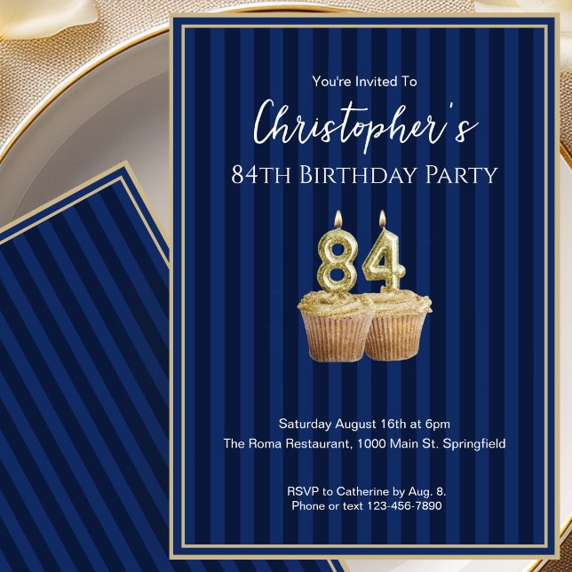 Convite de Aniversário de 84 anos Único Azul Doura (Criador carregado)