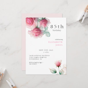Convite de Aniversário de 85 Anos com Floral Rosa