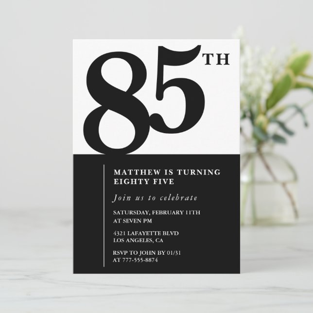 Convite de aniversário de 85 anos elegante Black C (Em pé/Frente)