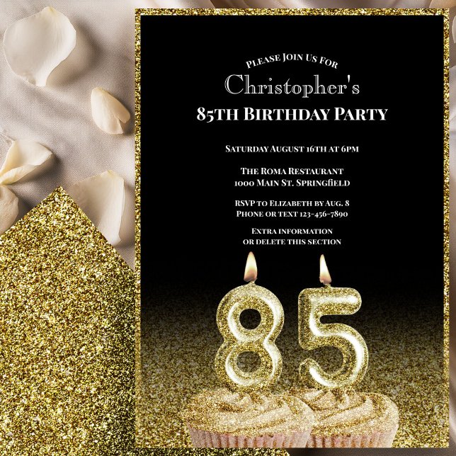 Convite de Aniversário de 85 anos Preto e Dourado  (Criador carregado)