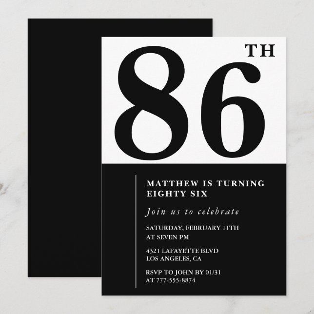 Convite de aniversário de 86 anos Chic Preto e Bra (Frente/Verso)