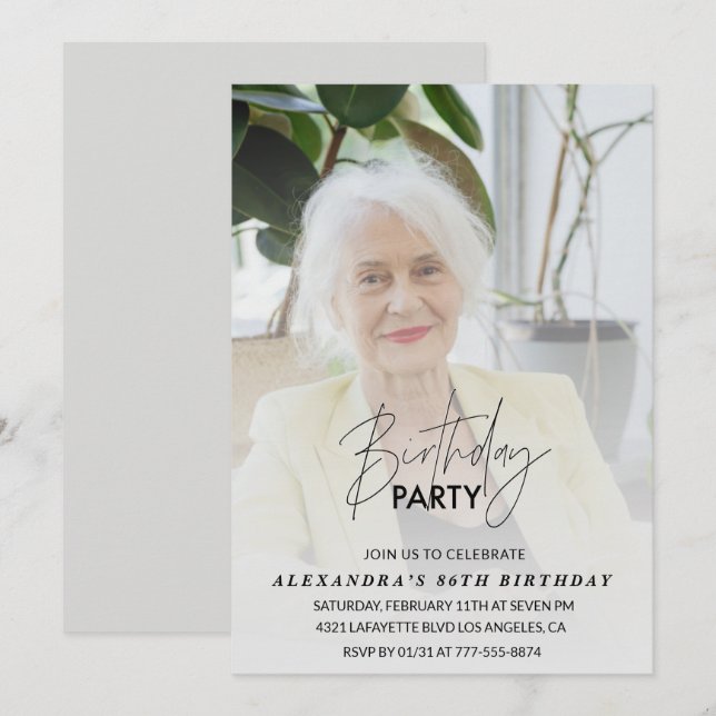 Convite de aniversário de 86 anos foto cinza (Frente/Verso)