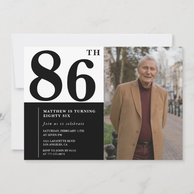 Convite de Aniversário de 86 anos Preto e Branco c (Frente)